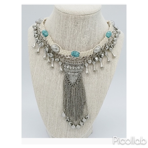 Turquoise Metal Braid Bell Chain Collar Necklace - Picture 3 of 5